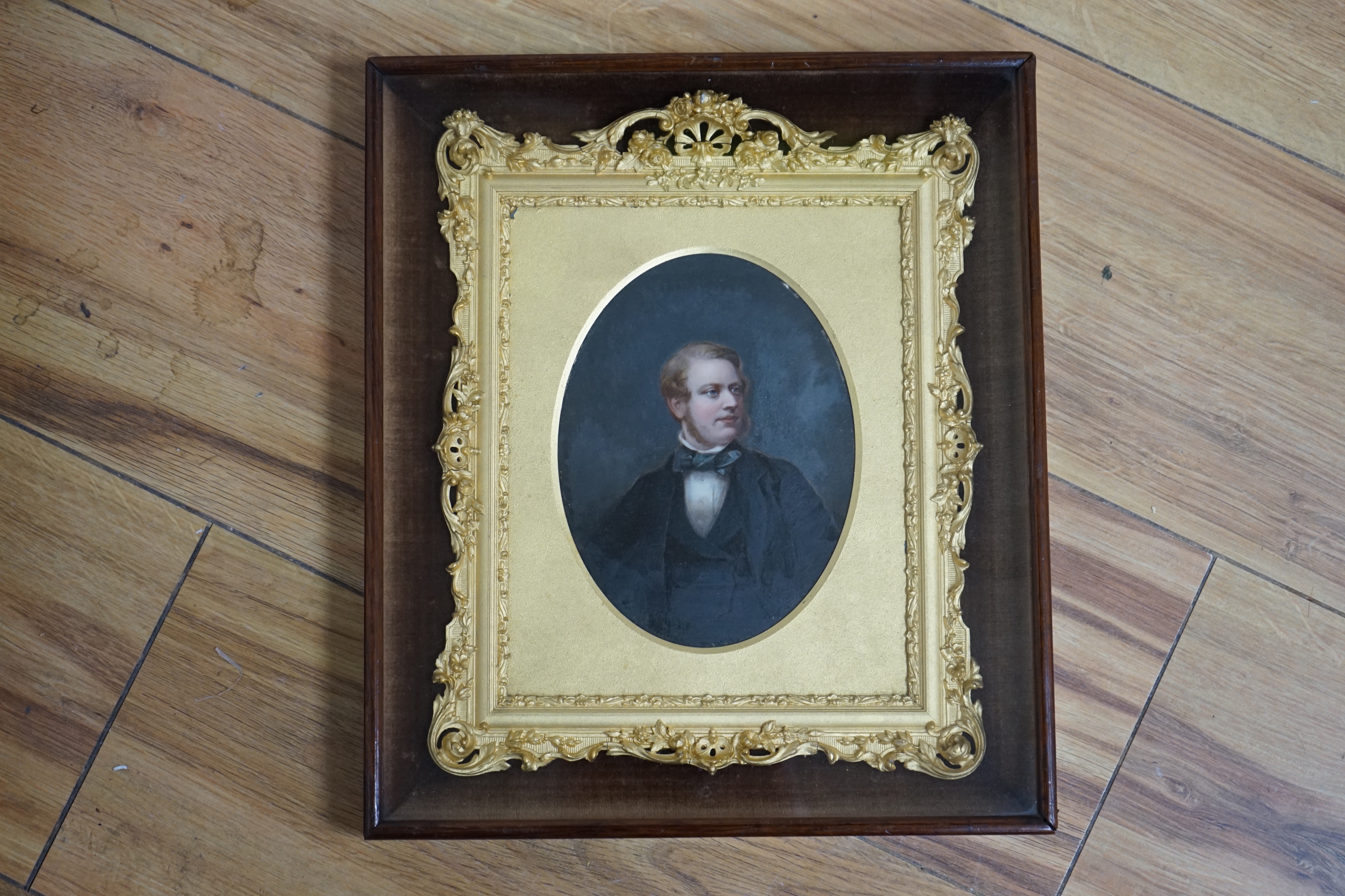 Victorian School, oil on board, Portrait of a gentleman, housed in a gilt display frame, 15 x 11cm
